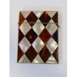 A 19th century mother-of-pearl, and tortoiseshell card case with diamond checkerboard design, the