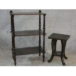 A Victorian mahogany three tier whatnot and a carved Eastern hardwood occasional table. H.84 W.55