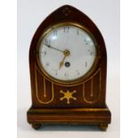 A Regency lancet bracket clock in brass inlaid mahogany case with white enamel dial and Arabic