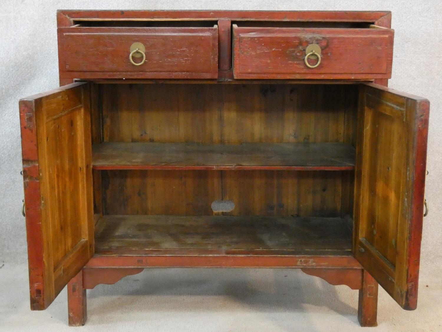 A Chinese hardwood and brass bound side cabinet with frieze drawers above a pair of panel doors on - Image 3 of 6