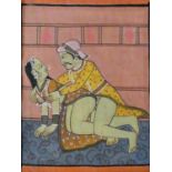 An Indian painting on framed textile, erotic scene. H.30 W.25cm