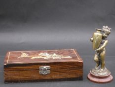 A bronze figure along with a floral inlaid rosewood box. Figure After Louis Kley (1833-1911), of a