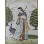 A 20th century framed and glazed Indo-Persian silk painting of Princess Maru with a peacock. With