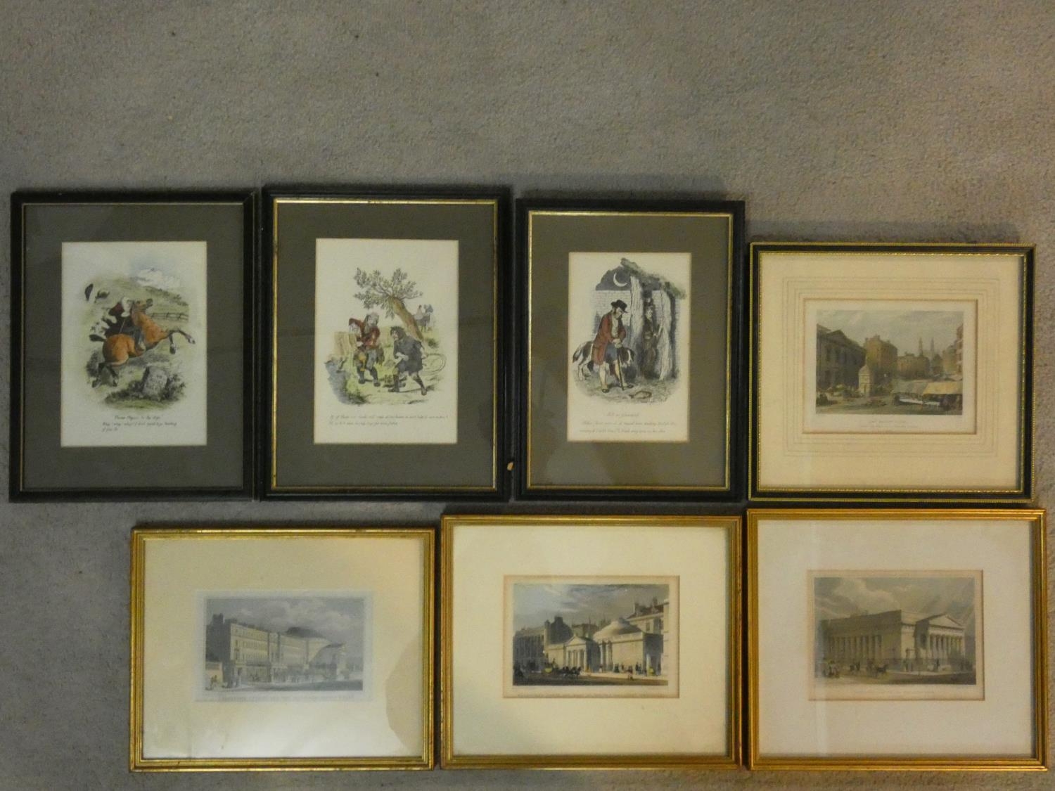 Seven framed and glazed antique hand coloured engravings, four of British places of interest and
