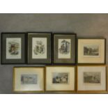 Seven framed and glazed antique hand coloured engravings, four of British places of interest and