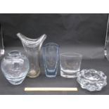 Five Art Glass vases. One by Krosno, Poland, one with an engraved angel fish among water weed design
