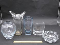 Five Art Glass vases. One by Krosno, Poland, one with an engraved angel fish among water weed design