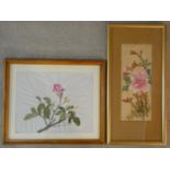 Two framed and glazed acrylic on canvas botanical studies. One Japanese silk painting of a peony,