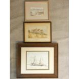 Three framed and glazed watercolors. One depicting sailing boats, a harvested hay field and a