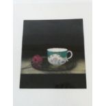 A framed and glazed signed mezzotint by Japanese artist Tomoe Yokoi, depicting a tea cup and a rose.