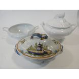 Three ceramic soup tureens. One hand painted French Faience tureen painted with buildings and