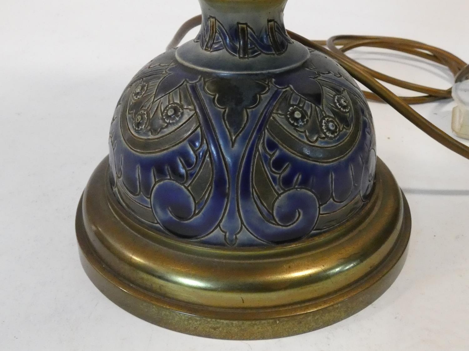 An antique Royal Doulton pottery and brass converted oil lamp, having a trefoil gallery above a - Image 2 of 6