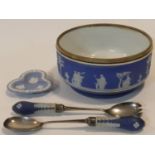 A collection of Wedgwood Jasperware items. Including an antique dark blue Jasperware silver plated