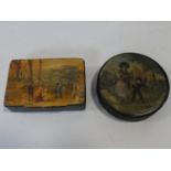 Two antique hand painted black papier-mâché snuff boxes one with a mother and a young boy and one