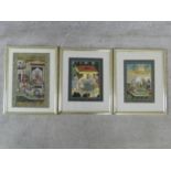 Three framed and glazed Indo-Persian paintings on parchment. Depicting three different court scenes.