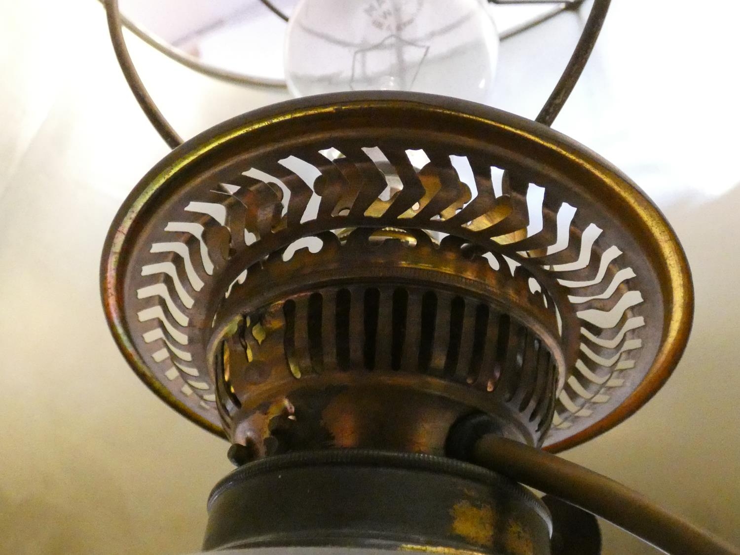 An antique Royal Doulton pottery and brass converted oil lamp, having a trefoil gallery above a - Image 4 of 6