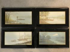 Four 19th century Japanese framed and glazed watercolours, scenes around a fishing village,