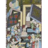 A 20th century framed and glazed Indo-Persian silk painting of a court scene, with a floral design