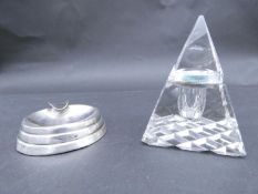 An antique cut glass and brass pyramidal ink well along with a weighted silver ashtray. Hallmarked: