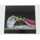 A framed and glazed signed mezzotint by Japanese artist Tomoe Yokoi, depicting a basket of pears and