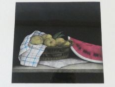 A framed and glazed signed mezzotint by Japanese artist Tomoe Yokoi, depicting a basket of pears and