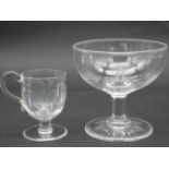 A 19th century petal faceted handled posset glass along with a cut rim stemmed ice cream bowl with