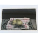 A framed and glazed signed mezzotint by Japanese artist Tomoe Yokoi, depicting peaches on a