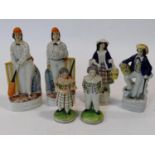 Three pairs of 19th century Staffordshire figures to include, batsman and bowler, flower sellers and