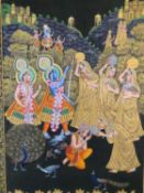 A large framed Indo-Persian gilded silk painting of Krishna with females surrounding him, standing