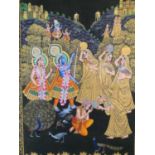 A large framed Indo-Persian gilded silk painting of Krishna with females surrounding him, standing