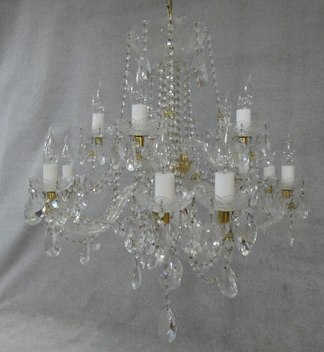 A large Czech crystal glass and brass mounted chandelier with fifteen twisted glass stem branches, a - Image 2 of 8