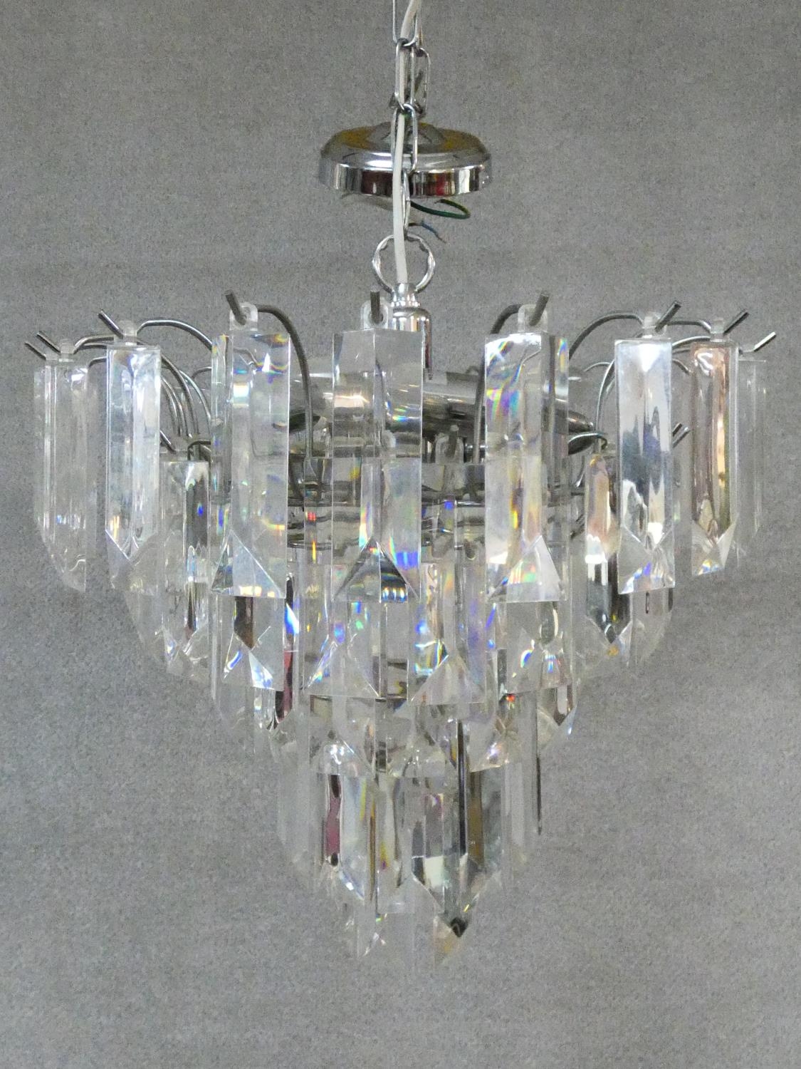 A pair of ceiling chandeliers with clear perspex lozenge form drops. H.60 D.40cm - Image 2 of 7