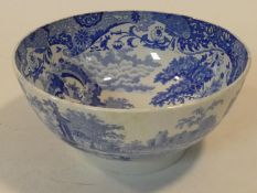 An antique blue and white transferware 'Italian' pattern Spode footed ceramic bowl. H.13 D.28cm