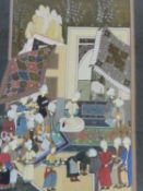 A 20th century framed and glazed Indo-Persian silk painting of a court scene. H.81 W.55cm