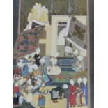 A 20th century framed and glazed Indo-Persian silk painting of a court scene. H.81 W.55cm