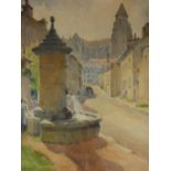 A framed and glazed watercolour, washing clothes in the fountain of rural French town, signed D.