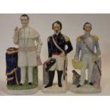 Three 19th century Staffordshire flat back figures, one of Napoleon, also an army officer, along
