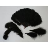 An Art Deco faux tortoiseshell and black ostrich feather fan along with black feather plumes and