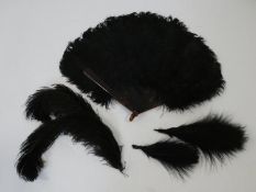 An Art Deco faux tortoiseshell and black ostrich feather fan along with black feather plumes and