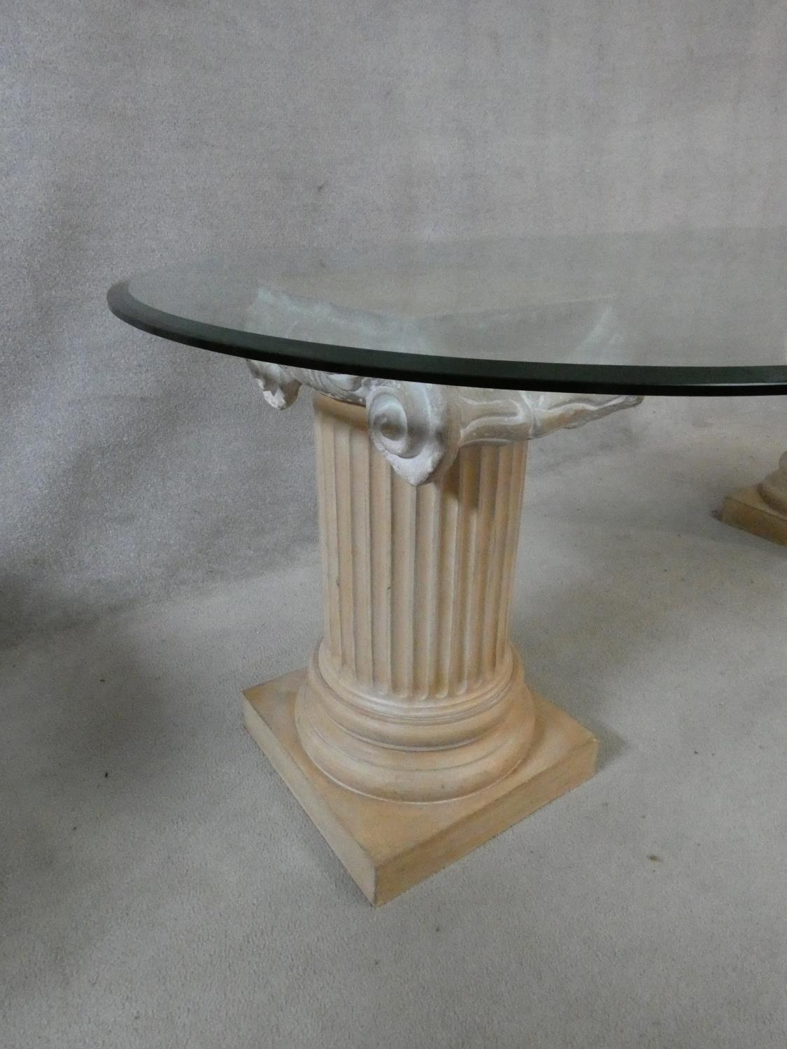 A twin pedestal dining table with plate top on terracotta Corinthian column supports. H.74 W.221 D. - Image 6 of 8