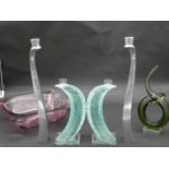 A collection of vintage art glass and pewter. Including a green abstract glass sculpture on clear