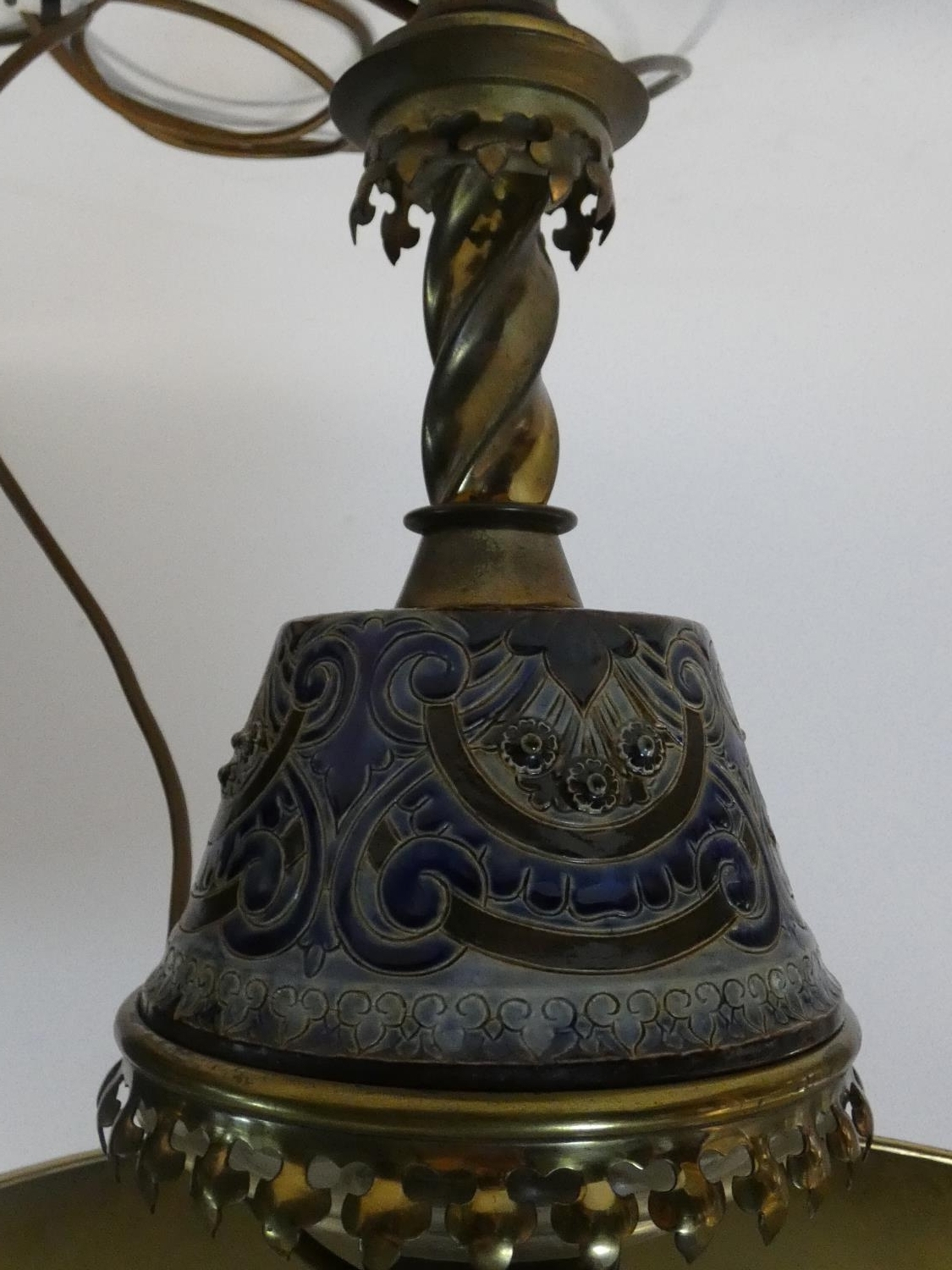 An antique Royal Doulton pottery and brass converted oil lamp, having a trefoil gallery above a - Image 3 of 6