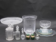 A collection of crystal and glass items. Including four Chance glass swirl pattern plates with
