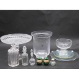 A collection of crystal and glass items. Including four Chance glass swirl pattern plates with