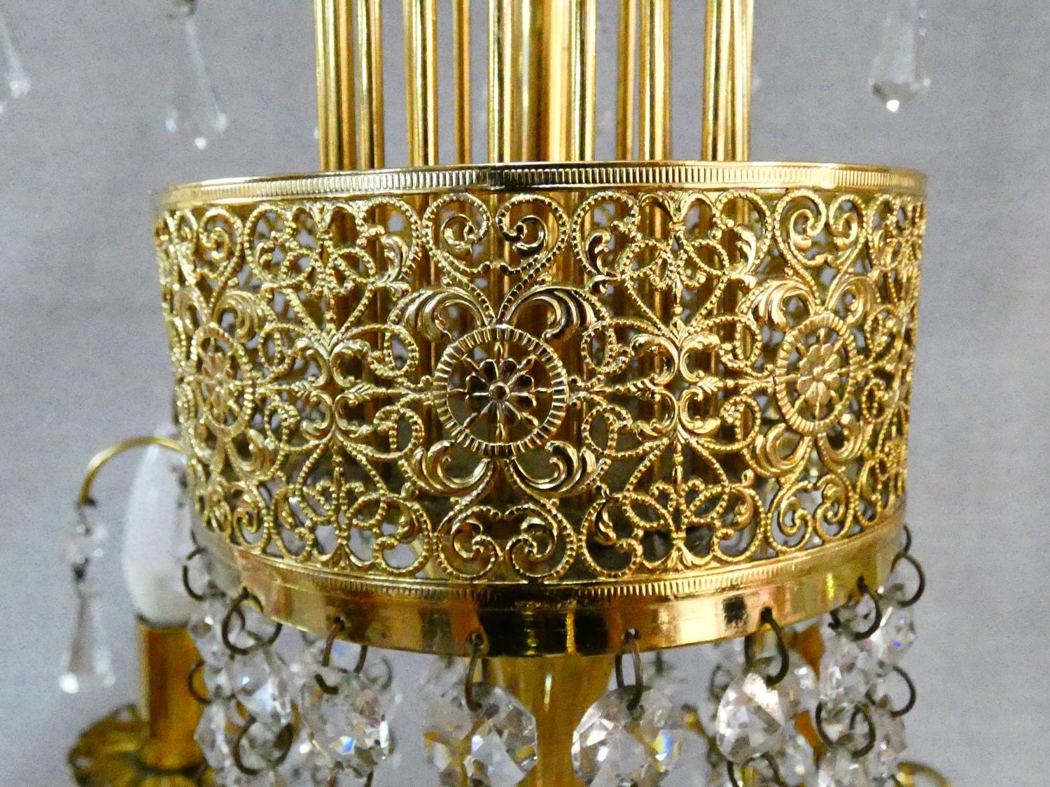 A pair of gilt metal five branch chandeliers with crystal drops. H.80 D.44cm - Image 9 of 10