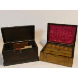 A Victorian walnut Tunbridgeware inlaid fitted jewellery box and a 19th century oak lidded box