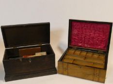 A Victorian walnut Tunbridgeware inlaid fitted jewellery box and a 19th century oak lidded box