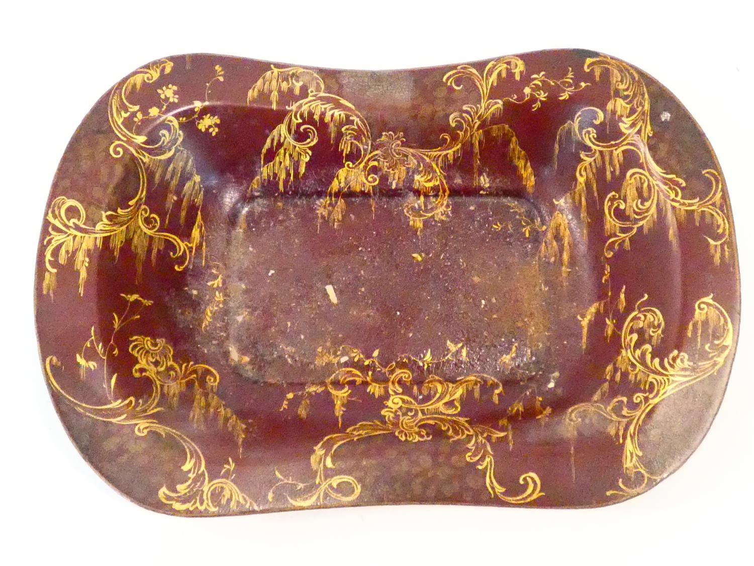 A 19th century black lacquered papier mache tray with gilt floral painted decoration and a similar - Image 7 of 9