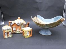 A vintage Price Brothers hand glazed three piece thatched design tea set, along with a studio