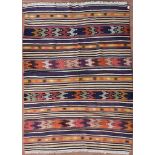 A Moroccan Kilim with multiple polychrome bands. L.195xW.140cm